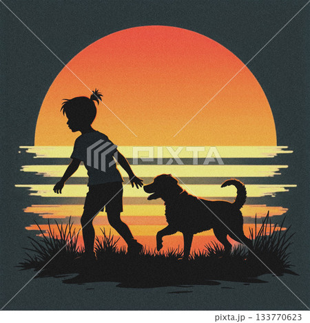 Child and Dog Silhouette Walking at Sunset image photo Child and Dog Silhouette Walking at Sunset image photo 133770623