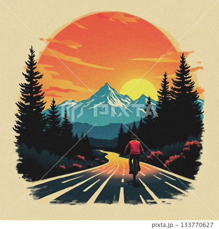 Cyclist on Road Through Forest Towards Mountain Sunset bicycle mountains Cyclist on Road Through Forest Towards Mountain Sunset bicycle mountains 133770627