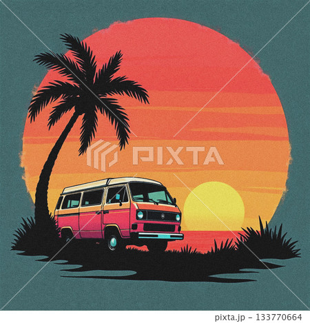 Pink and White Van Under Palm Tree at Tropical Sunset Beach Volkswagen vintage 133770664