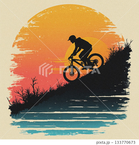 Silhouette of a mountain biker riding downhill at sunset with water image photo 133770673