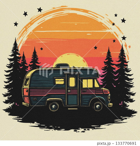 Vintage RV Camper Parked Among Pine Trees at Sunset with Stars motorhome Vintage RV Camper Parked Among Pine Trees at Sunset with Stars motorhome 133770691
