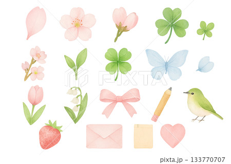 春のアイコンセット・花・葉・蝶・いちご・かわいい水彩イラスト 133770707