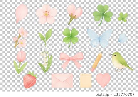 春季圖標集，包含花、樹葉、蝴蝶、草莓，可愛的水彩插圖 133770707