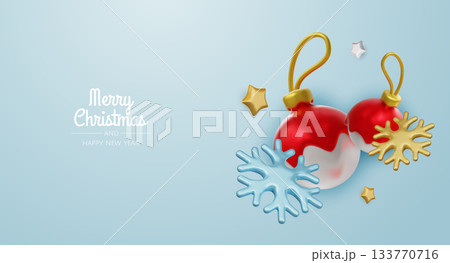 Christmas holiday background. Christmas greeting banner with snowflakes, 3d decoration elements. For holiday headers, banners, party posters Christmas holiday background. Christmas greeting banner with snowflakes, 3d decoration elements. For holiday headers, banners, party posters 133770716