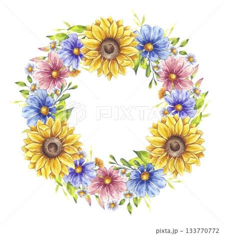 Watercolor blooming wreath. Sunflower, cosmos flower, white daisy chamomile round frame. Meadow floral botanical drawing. Hand drawn illustration isolated white background. Wedding invitation 133770772