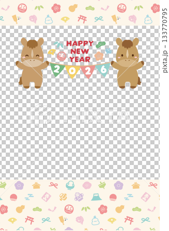 時尚新年賀卡,以馬年可愛的小馬為主題,飾有新年圖案和2026年花環。 時尚新年賀卡,以馬年可愛的小馬為主題,飾有新年圖案和2026年花環。 133770795
