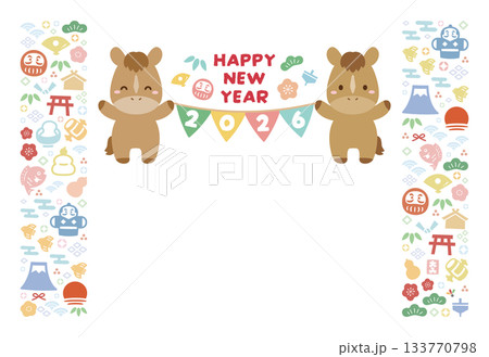 2026年午年の馬とお正月の縁起物の模様の年賀状テンプレート 2026年午年の馬とお正月の縁起物の模様の年賀状テンプレート 133770798
