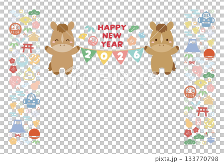 2026年午年の馬とお正月の縁起物の模様の年賀状テンプレート 2026年午年の馬とお正月の縁起物の模様の年賀状テンプレート 133770798