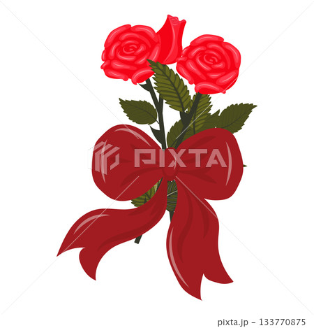 A bouquet of bright red roses with a large scarlet bow. A bouquet of bright red roses with a large scarlet bow. 133770875