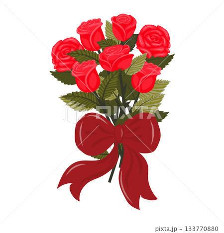 A bouquet of bright red roses with a large scarlet bow.  133770880