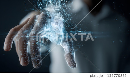 A person interacting with a transparent biometric interface floating above their hand cool lighting silver reflections futuristic health analysis theme 133770883