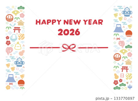 正月の和風柄のフレームと水引 2026年の年賀状 133770897