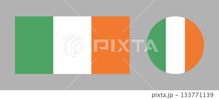 Flag of Ireland. Flag rectangle, circle icon set. Round, rectangular Irish flag badges. Standard colours. 133771139