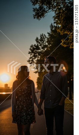 Evening Walk Discussions on Family Planning During Golden Hour 133771305