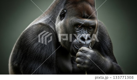Close-up Portrait of a Thoughtful Gorilla in Natural Habitat Close-up Portrait of a Thoughtful Gorilla in Natural Habitat 133771308