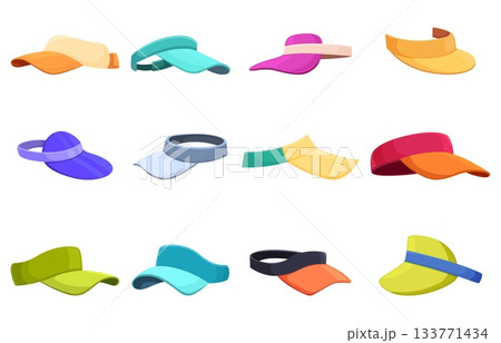 Summer visor caps. Face safety from sun light. Sport head accessories, cartoon visors for golf, tennis, baseball, ping pong. Cashier or athletic headband sapid vector set 133771434