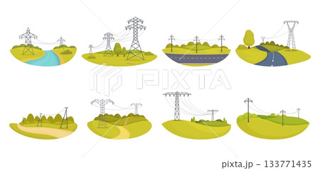 Power transmission infrastructure. High voltage wires on nature, in valley and forest. Electric energy wire, energy network grid, sapid vector scenes 133771435