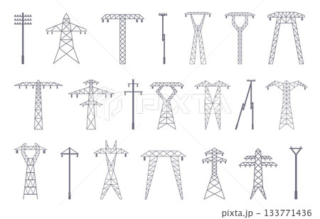 Electric pylons flat icons. Line poles silhouettes, high voltage pylon. Isolated power transmission infrastructure, energy network elements, sapid vector set 133771436