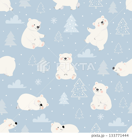 Polar bear seamless pattern. North pole bears and fir tree. Cartoon funny animals, decorative print for fabric, wallpaper, web backdrop, nowaday vector background Polar bear seamless pattern. North pole bears and fir tree. Cartoon funny animals, decorative print for fabric, wallpaper, web backdrop, nowaday vector background 133771444