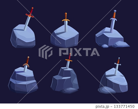 Swords in stones. Fairy tale fantasy elements. Cartoon iron sword in rock. Medieval children story, excalibur, landscape sapid vector elements Swords in stones. Fairy tale fantasy elements. Cartoon iron sword in rock. Medieval children story, excalibur, landscape sapid vector elements 133771450