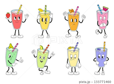 Retro milkshake characters. Groovy milkshake in glass different taste. Children non alcoholic cocktail with milk and fruits, strawberry banana, neoteric vector set Retro milkshake characters. Groovy milkshake in glass different taste. Children non alcoholic cocktail with milk and fruits, strawberry banana, neoteric vector set 133771460