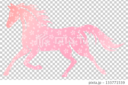 走る馬のイラスト、午年の年賀状素材、和柄のピンク、桜の模様 走る馬のイラスト、午年の年賀状素材、和柄のピンク、桜の模様 133771539