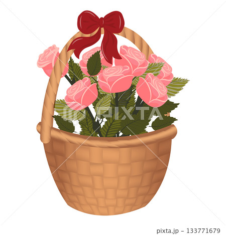A bouquet of pink roses in a basket tied with a bow. A bouquet of pink roses in a basket tied with a bow. 133771679