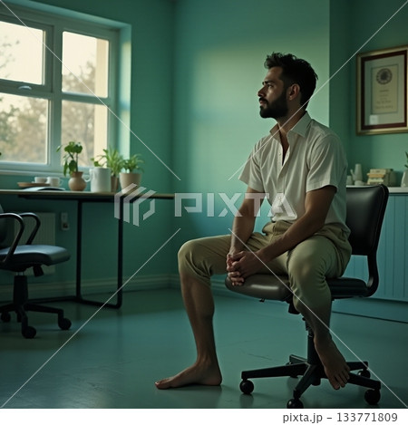 Man sitting in a quiet room reflecting on his thoughts Generative AI 133771809