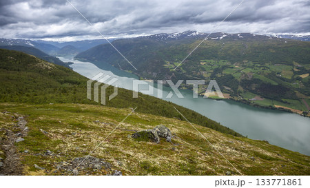 View of Lake Vagavatnet from Kleivhoe Mountain in Randen, Norway surrounded by nature and landscape View of Lake Vagavatnet from Kleivhoe Mountain in Randen, Norway surrounded by nature and landscape 133771861