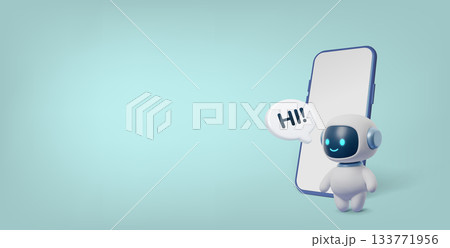 Cute 3D AI robot with a smartphone and Hi speech bubble. Friendly virtual assistant and chatbot concept for mobile apps, customer support, technology and digital communication 133771956