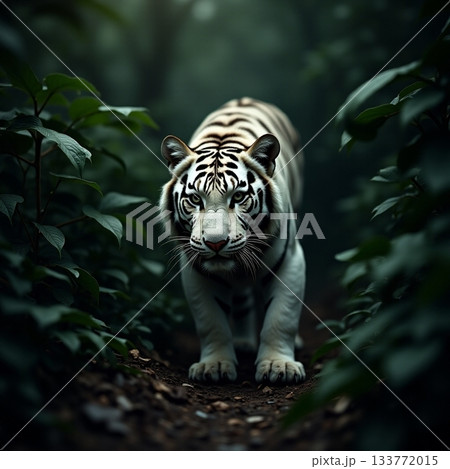White Tiger stalking through the dense forest Generative AI 133772015