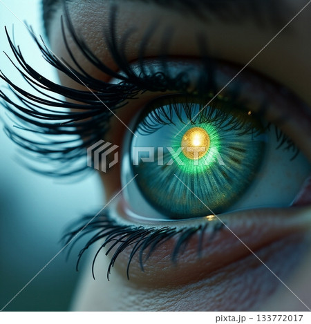 Unique close up of a vibrant eye with glowing effects Generative AI 133772017