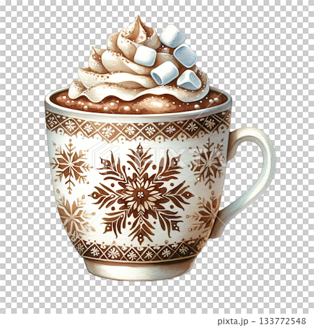 Hot chocolate with whipped cream and marshmallows, white isolate background 133772548
