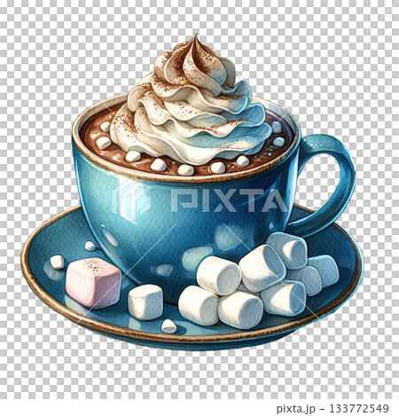 Hot chocolate with whipped cream and marshmallows, white isolated background. 133772549