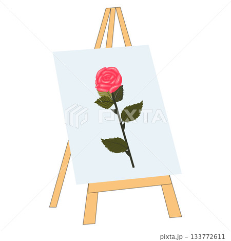 A canvas on an easel depicting a single, lush, bright pink rose.  133772611