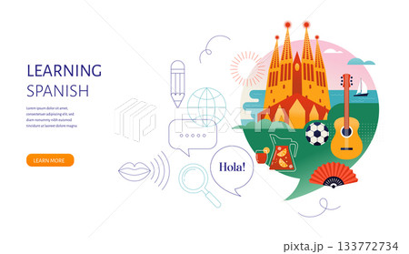 Spanish Language learning, concept design. Travel, tourism illustration of Spain. Speech bubble with 133772734