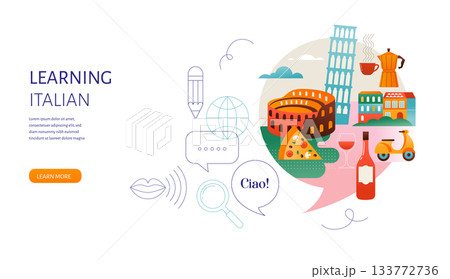 Italian Language learning, concept design. Travel, tourism illustration of Italy. Speech bubble with Italian Language learning, concept design. Travel, tourism illustration of Italy. Speech bubble with 133772736