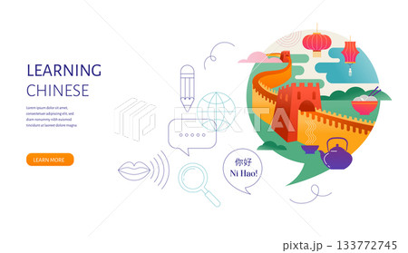 Chinese Language learning, concept design. Travel, tourism illustration of China. Speech bubble with Chinese Language learning, concept design. Travel, tourism illustration of China. Speech bubble with 133772745