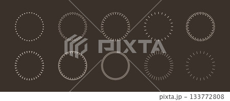 Round analog dashed lines timer icon. Dotted watch, speed frame, meter scale line vector template on dark background. 133772808