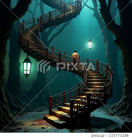 Mysterious spiral staircase in an enchanted forest at dusk Generative AI Mysterious spiral staircase in an enchanted forest at dusk Generative AI 133773286