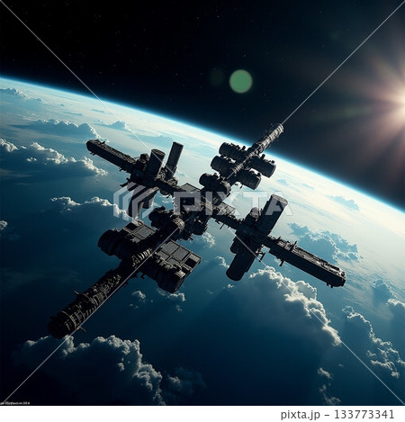 International space station orbits Earth at sunset Generative AI 133773341