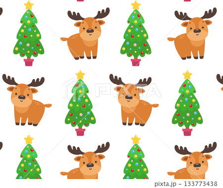 Seamless Christmas pattern. Reindeer and decorated Christmas tree. Isolated white background. Vector illustration Seamless Christmas pattern. Reindeer and decorated Christmas tree. Isolated white background. Vector illustration 133773438