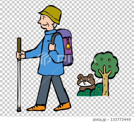 熊よけの鈴をつけてハイキングをする男性（シニア） 133773449
