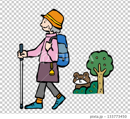 熊よけの鈴をつけてハイキングをする女性(シニア) 熊よけの鈴をつけてハイキングをする女性(シニア) 133773450