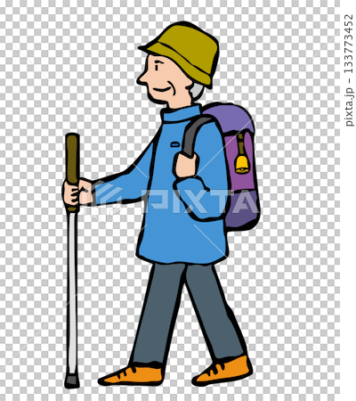 Senior man hiking wearing a bear bell Senior man hiking wearing a bear bell 133773452