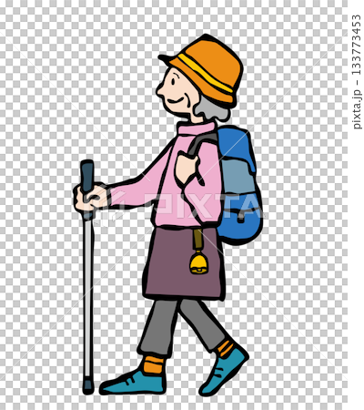 一位佩戴熊鈴鐺的老年婦女健行 133773453