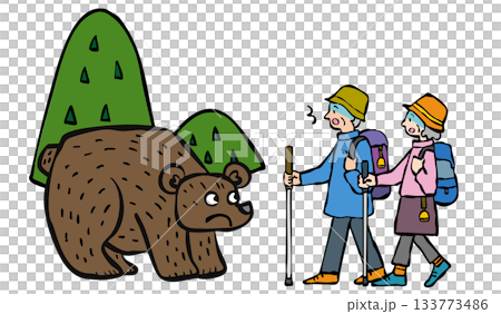 登山中にクマに遭遇した男女（シニア）　熊　くま 133773486