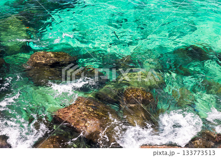 Bright turquoise water flows around rugged rocks, creating a vivid coastal scene Bright turquoise water flows around rugged rocks, creating a vivid coastal scene 133773513