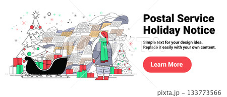 Santa Christmas postal service holiday notice concept Santa in red hat with sleigh gifts letters snowy landscape decorated tree festive banner Santa Christmas postal service holiday notice concept Santa in red hat with sleigh gifts letters snowy landscape decorated tree festive banner 133773566