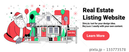 Santa Christmas house for sale holiday real estate festive home decorated with wreath balloons gifts snow background website banner Santa Christmas house for sale holiday real estate festive home decorated with wreath balloons gifts snow background website banner 133773578